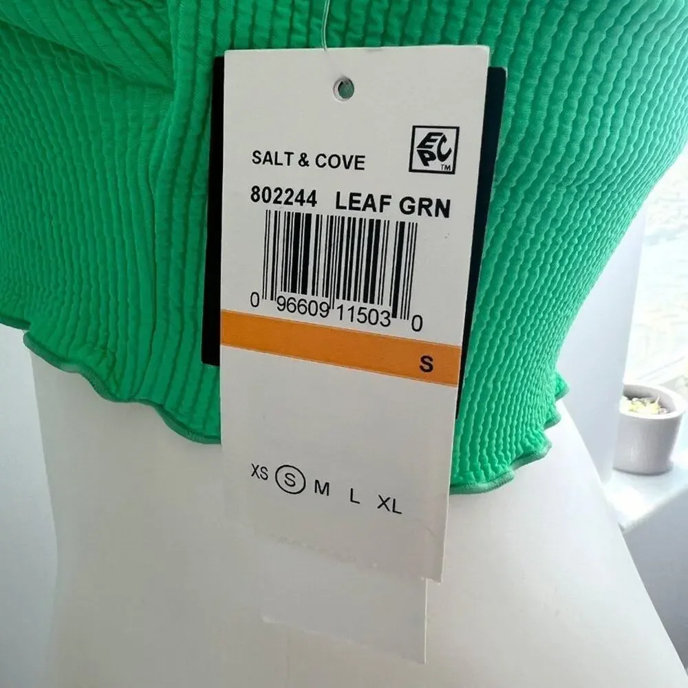 SALT + COVE Women Green Stretch Ruffled O-Ring Textured Scoop Neck Swim Top